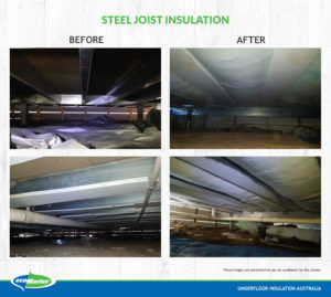 before and after photos of steel joist unsulation
